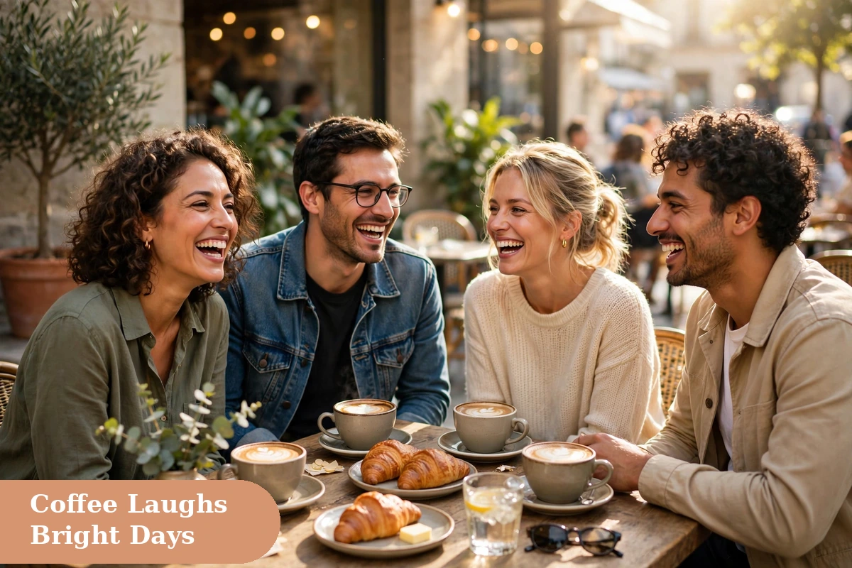 Happy captions for instagram with friends sharing coffee and laughter in a cafe