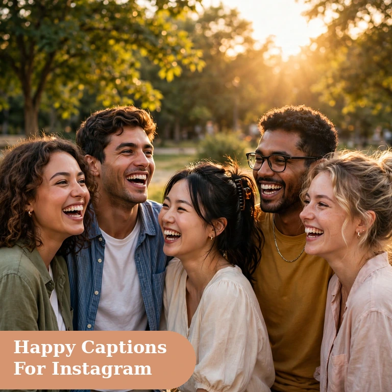 Happy captions for instagram featured image with friends laughing in warm sunshine