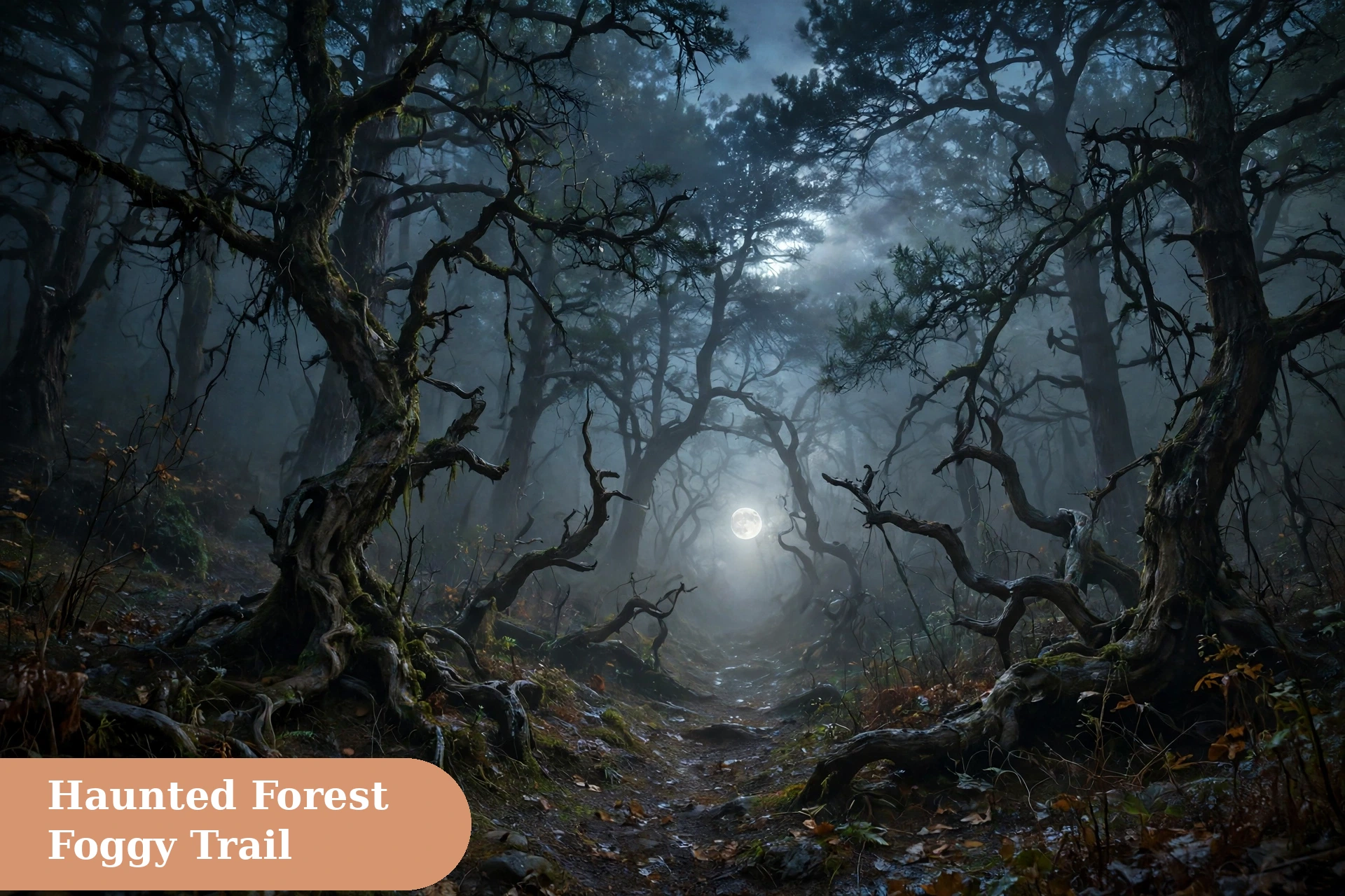 Haunted captions for instagram with a foggy haunted forest trail at night