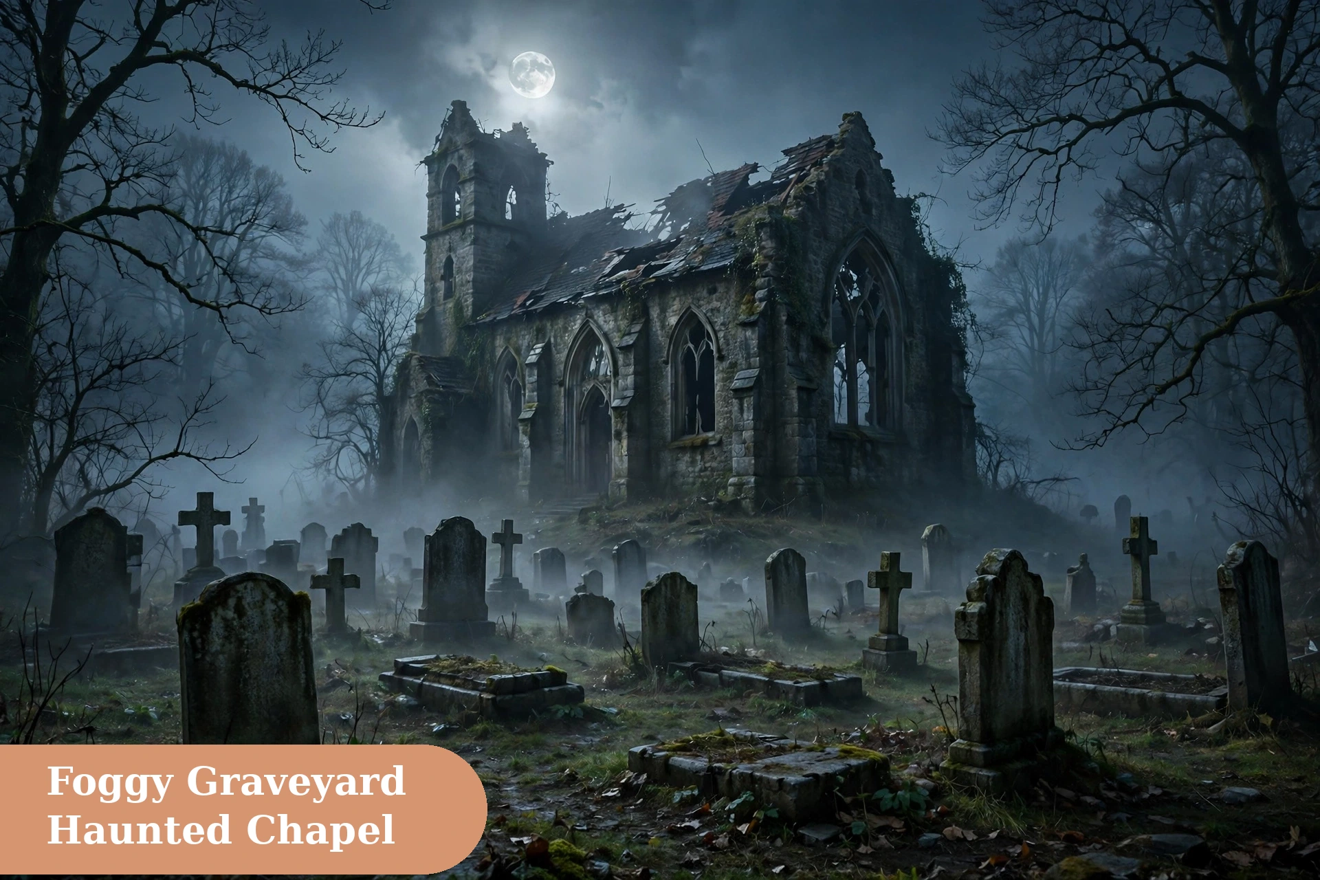 Haunted captions for instagram with a graveyard and haunted chapel in fog