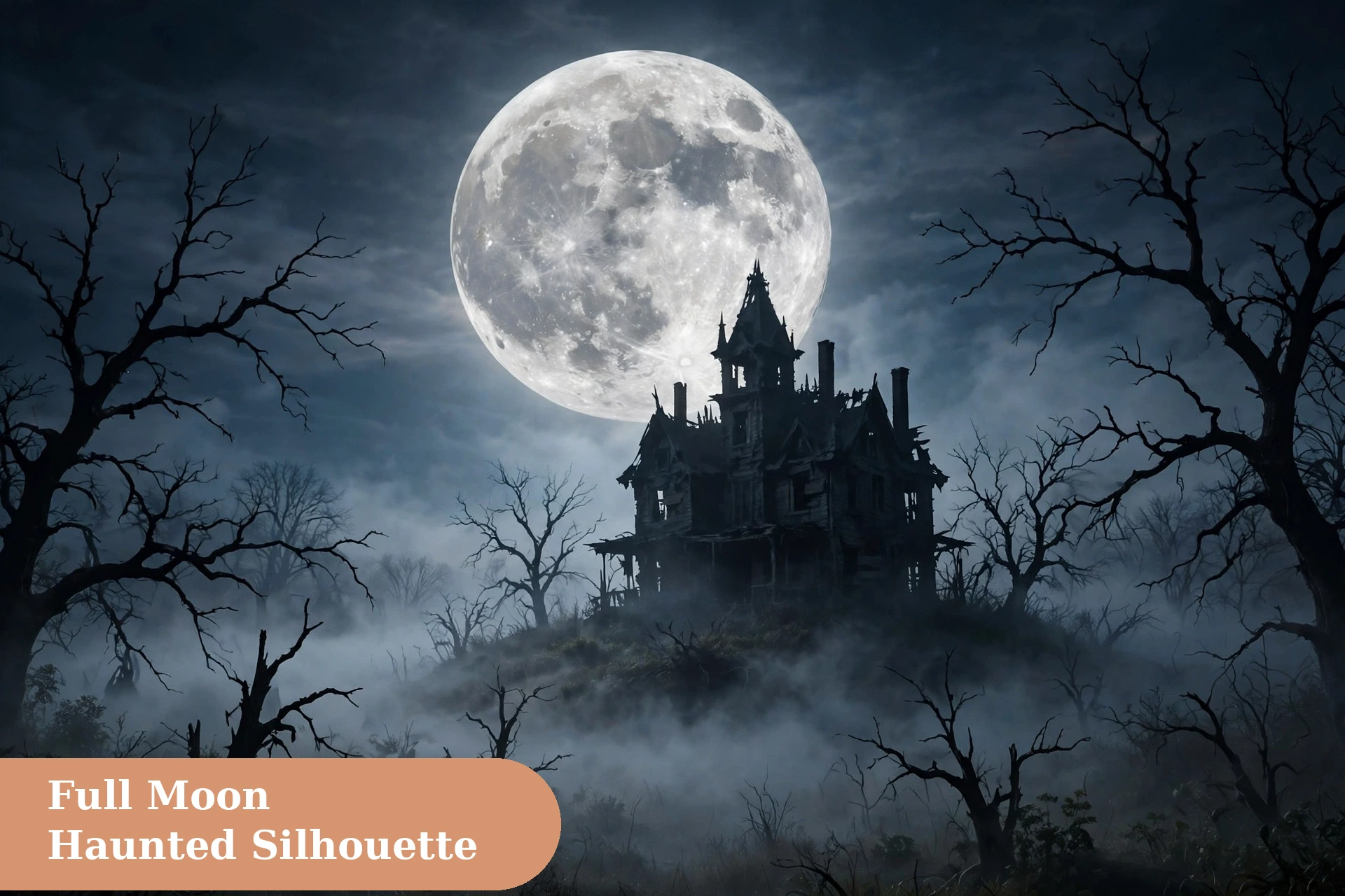 Haunted captions for instagram with a haunted house silhouette under a full moon