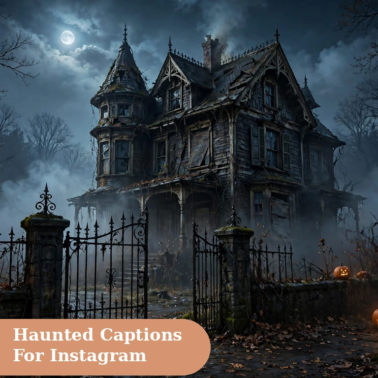 Haunted captions for instagram featured image with a haunted house under moonlight
