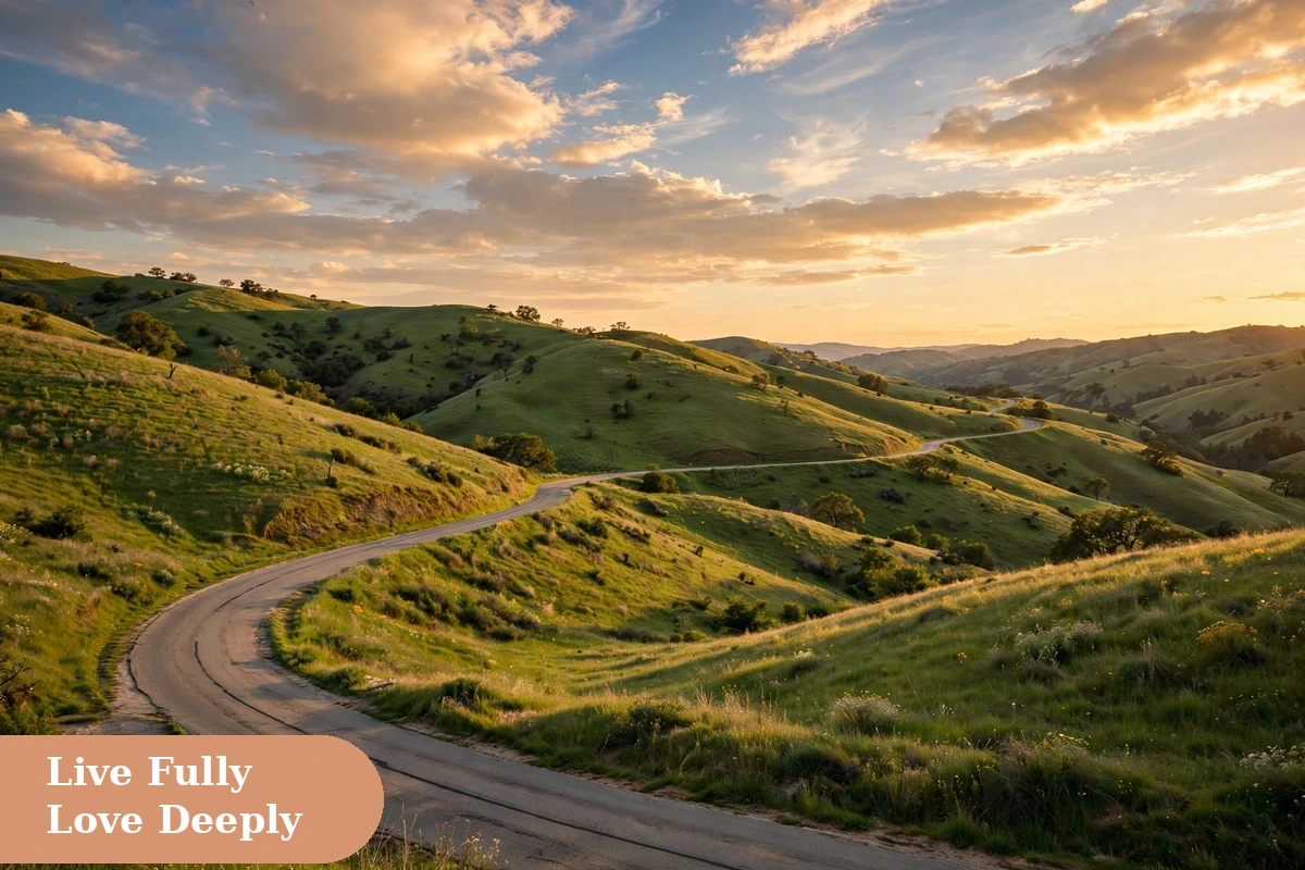 life captions for instagram with a winding road through green hills under an open sky