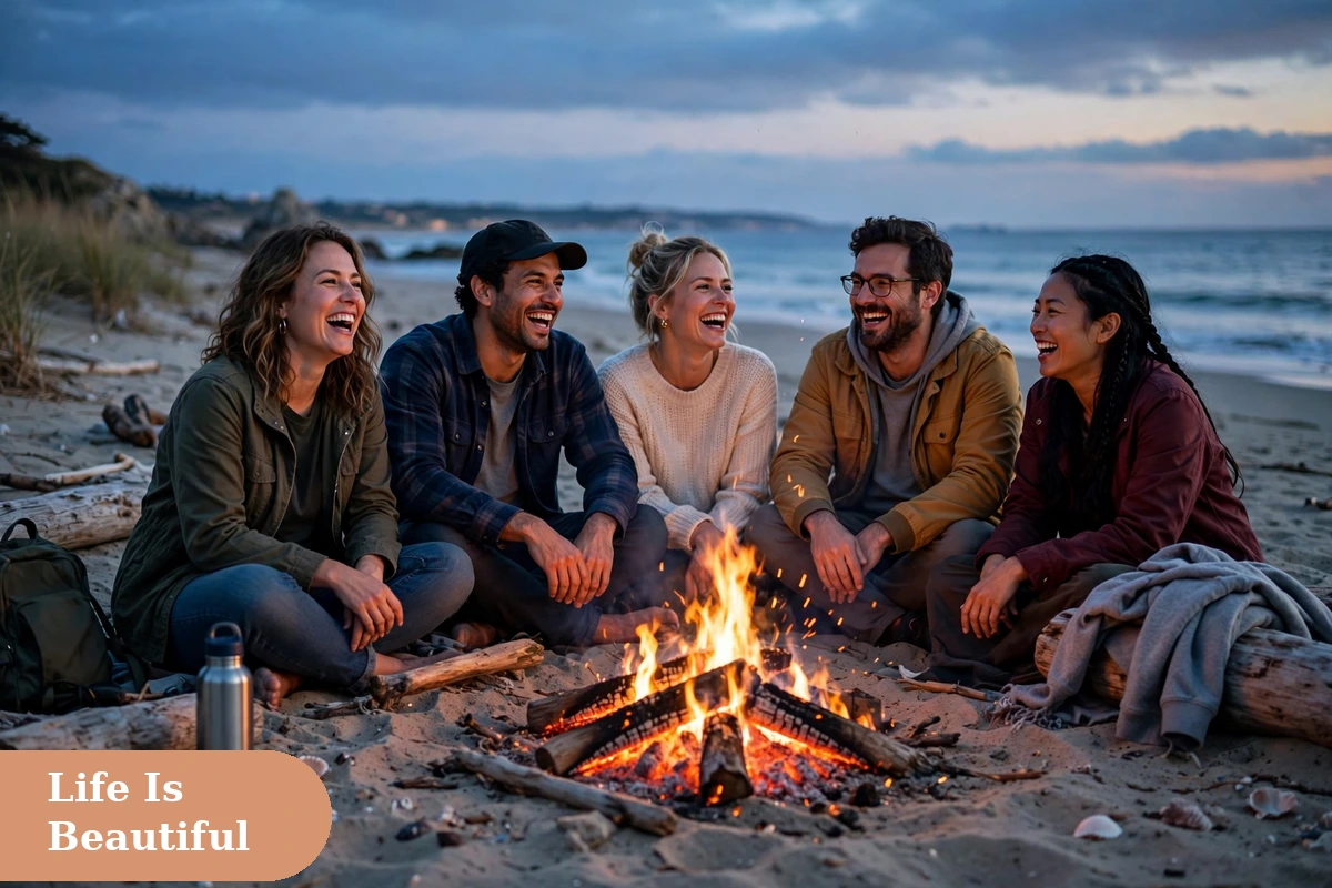 life captions for instagram with friends laughing around a campfire on a beach at dusk