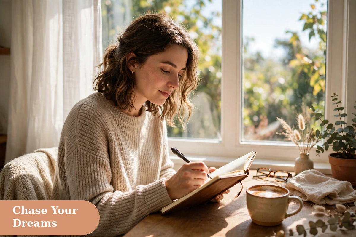 life captions for instagram with a person journaling by a sunny window with coffee