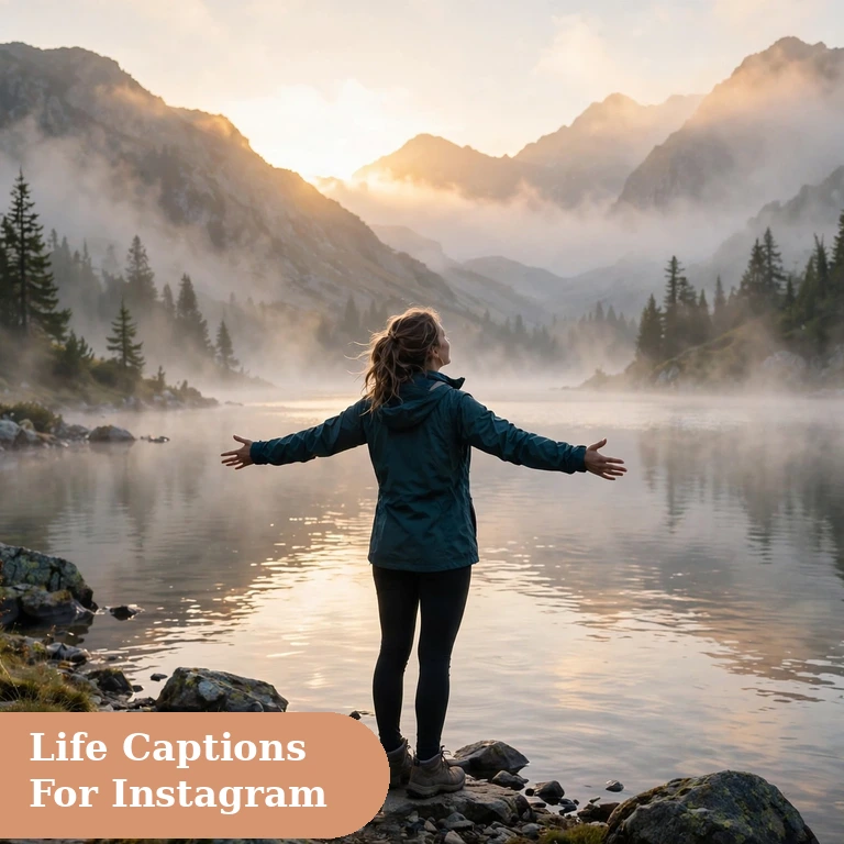 life captions for instagram featured image of a person with open arms at a mountain lake sunrise