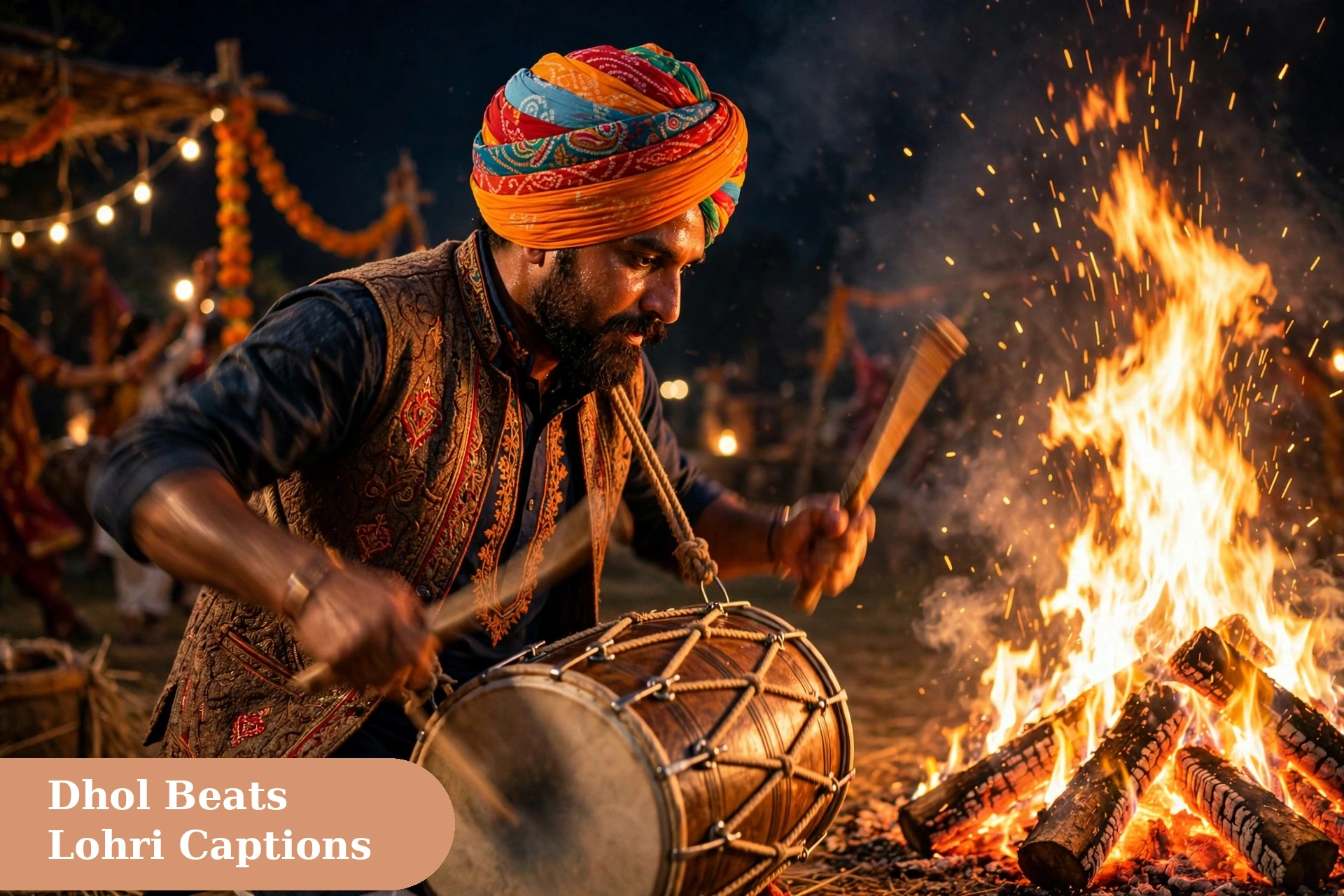 Lohri captions for instagram dhol drummer performing at a festive Punjabi celebration