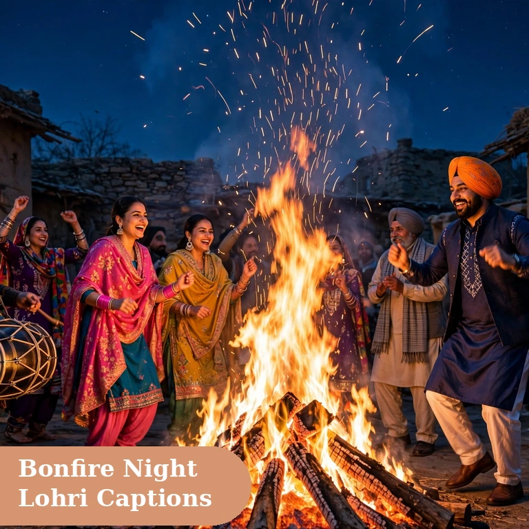 Best lohri captions for instagram featured image with a glowing Lohri bonfire and family celebration