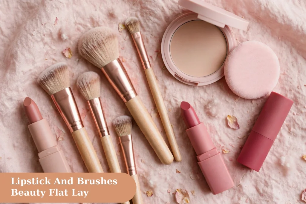 Makeup captions for instagram with lipstick and brushes in a beauty flat lay