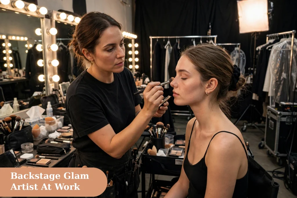 Makeup captions for instagram with a makeup artist at work backstage