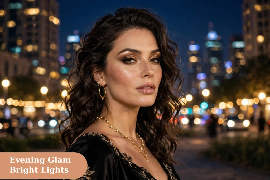 Makeup captions for instagram with an evening glam look under bright lights