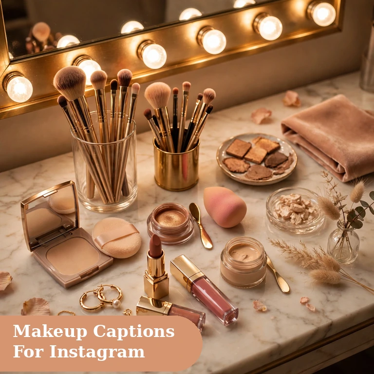 Makeup captions for instagram featured image with a vanity table full of brushes and cosmetics