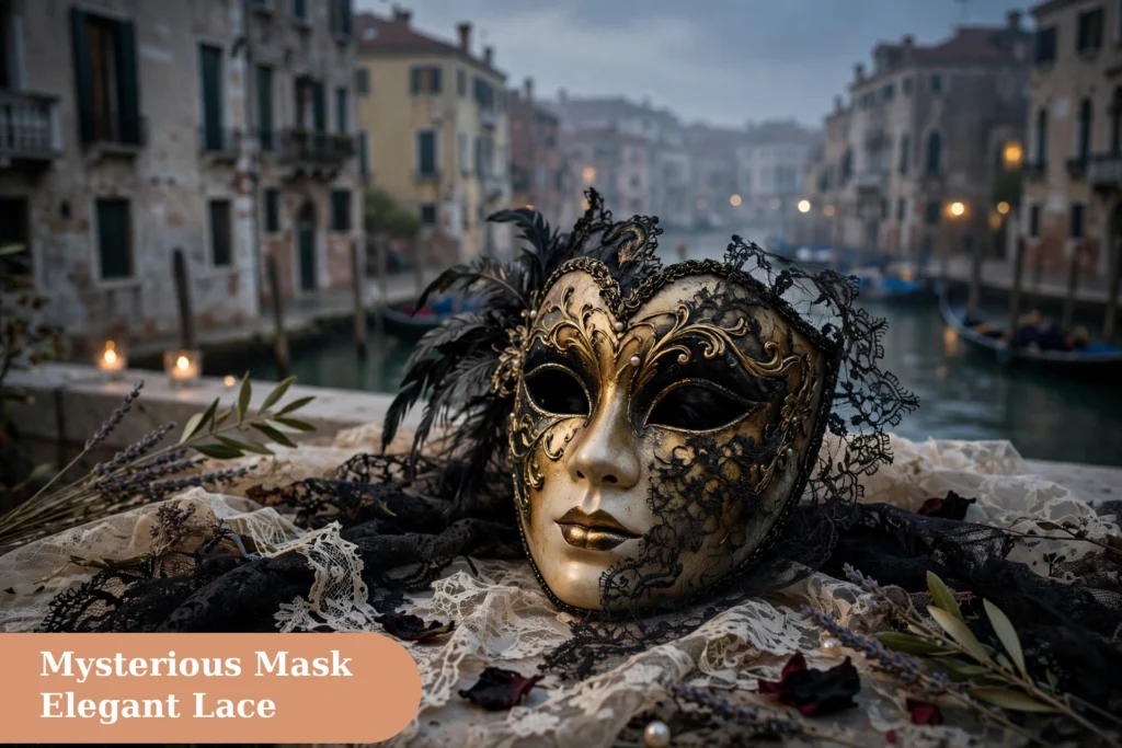 Mask captions for instagram with a mysterious venetian mask scene and elegant lace details