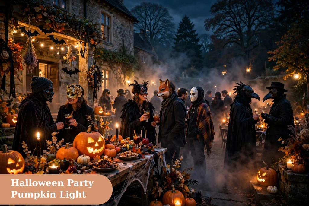 Mask captions for instagram with a Halloween mask party scene and glowing pumpkin light