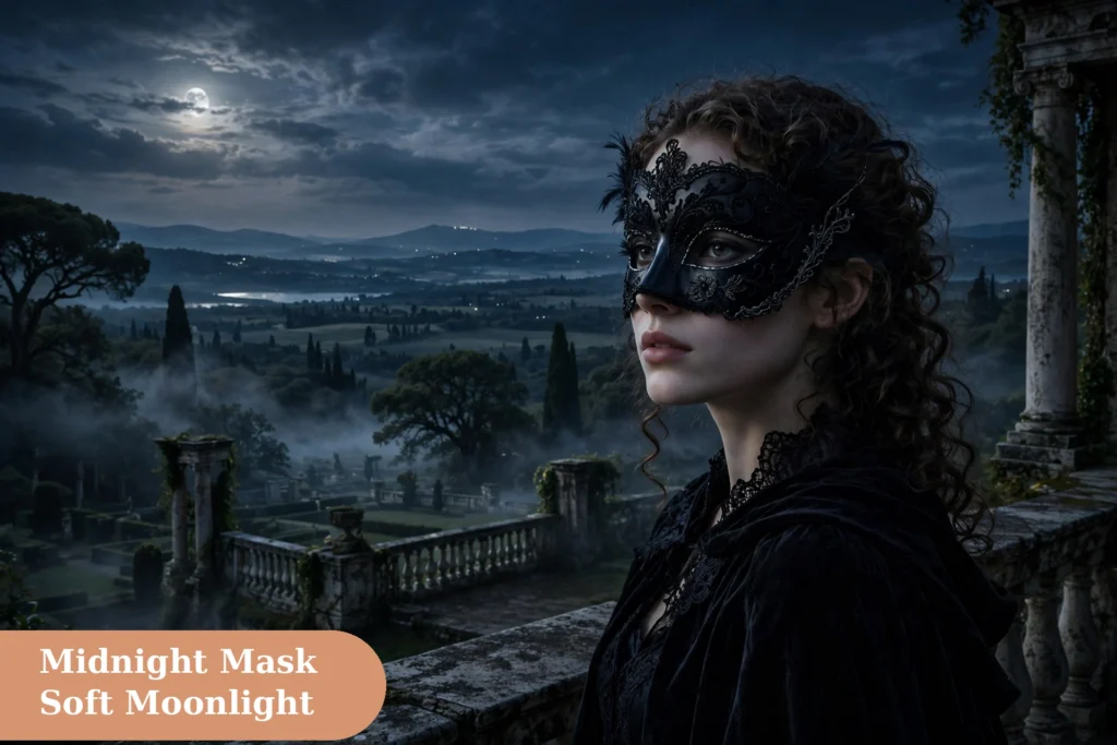 Mask captions for instagram with a midnight masked portrait scene under soft moonlight