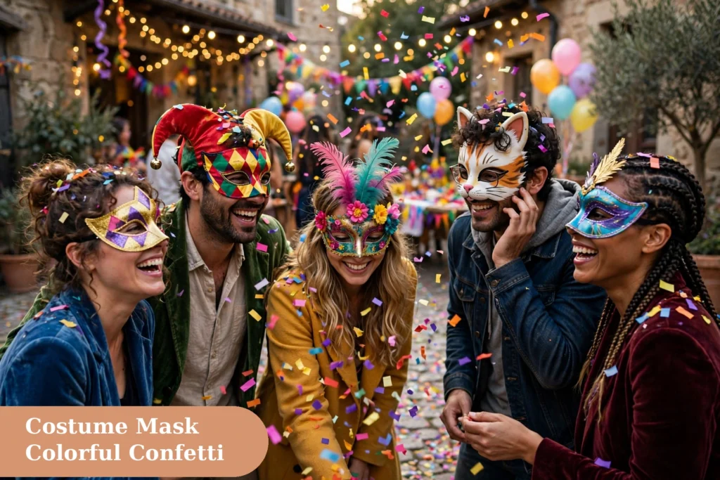 Mask captions for instagram with a playful costume mask scene and colorful confetti
