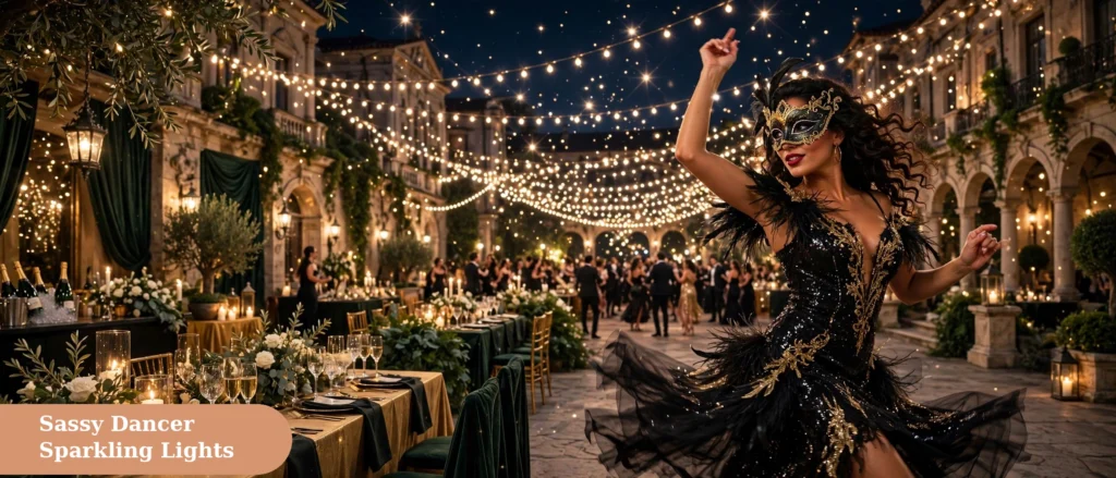 Mask captions for instagram with a sassy masked dancer scene under sparkling party lights