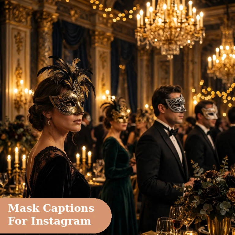 Mask captions for instagram featured image with a masked masquerade ball scene under golden lights