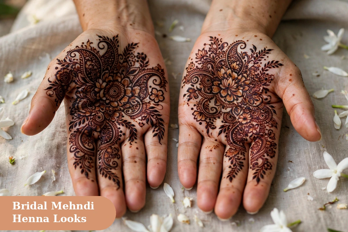 Mehndi captions for instagram with intricate bridal henna design on palms with flowers