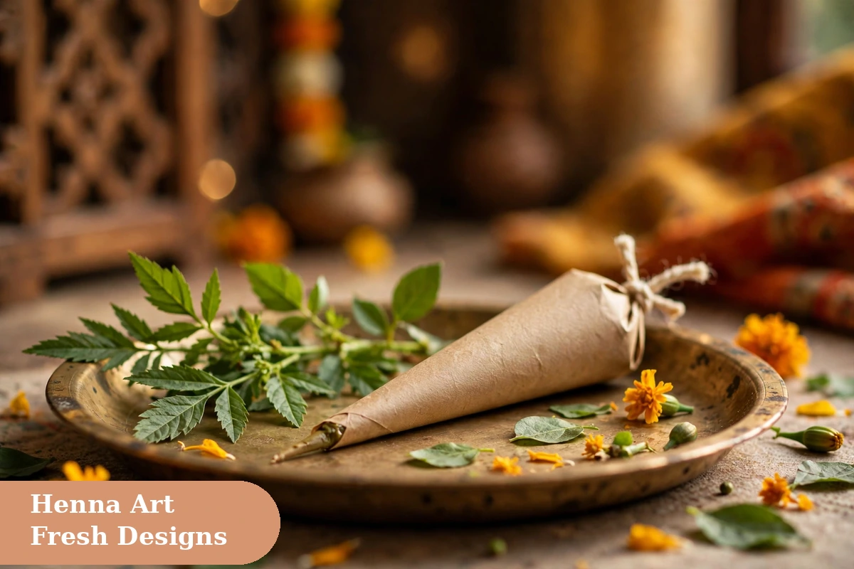 Mehndi captions for instagram with henna cone and fresh green mehndi leaves on a plate