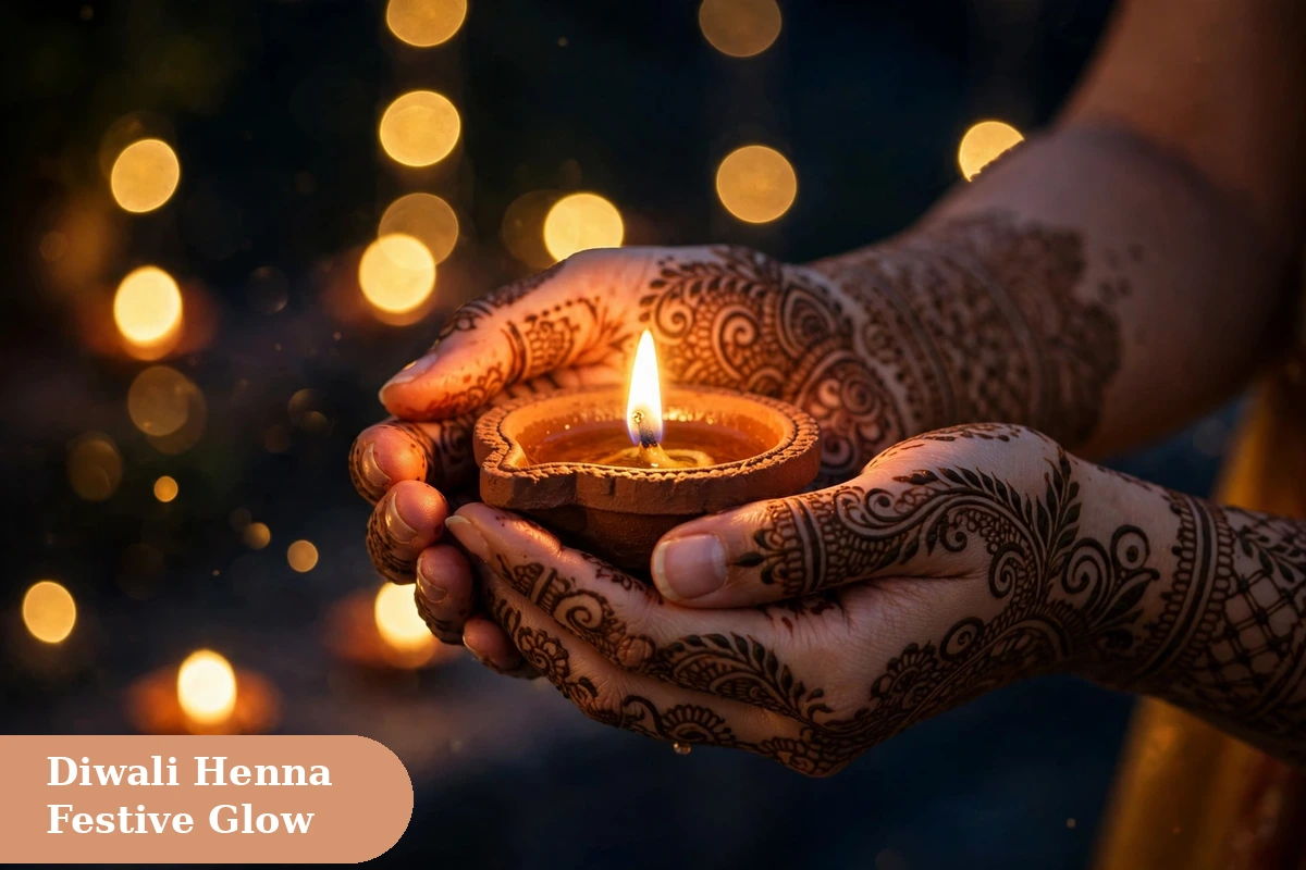 Mehndi captions for instagram with dark henna hands holding a diya at Diwali night