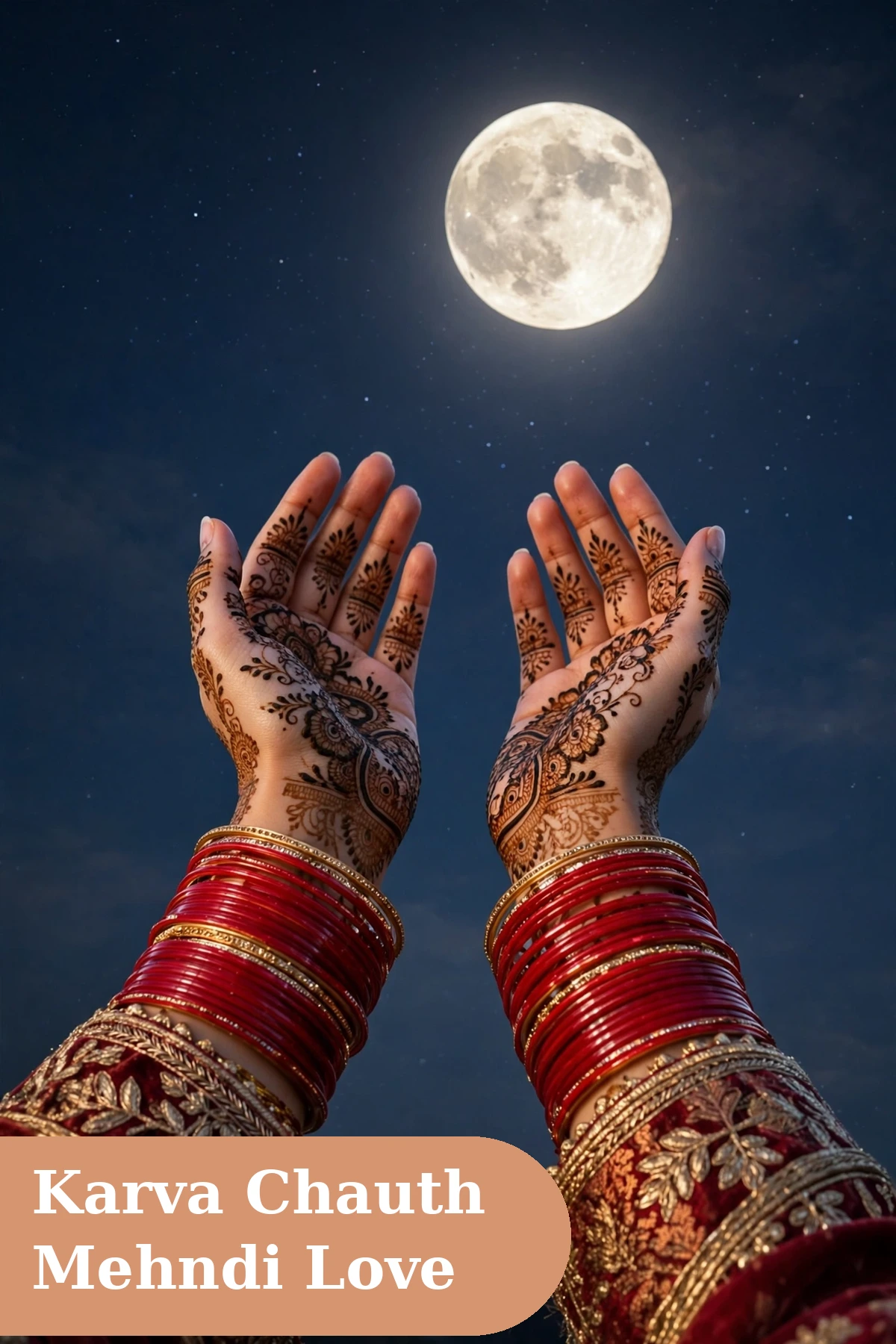 Mehndi captions for instagram with festive hands in red bangles under moonlight