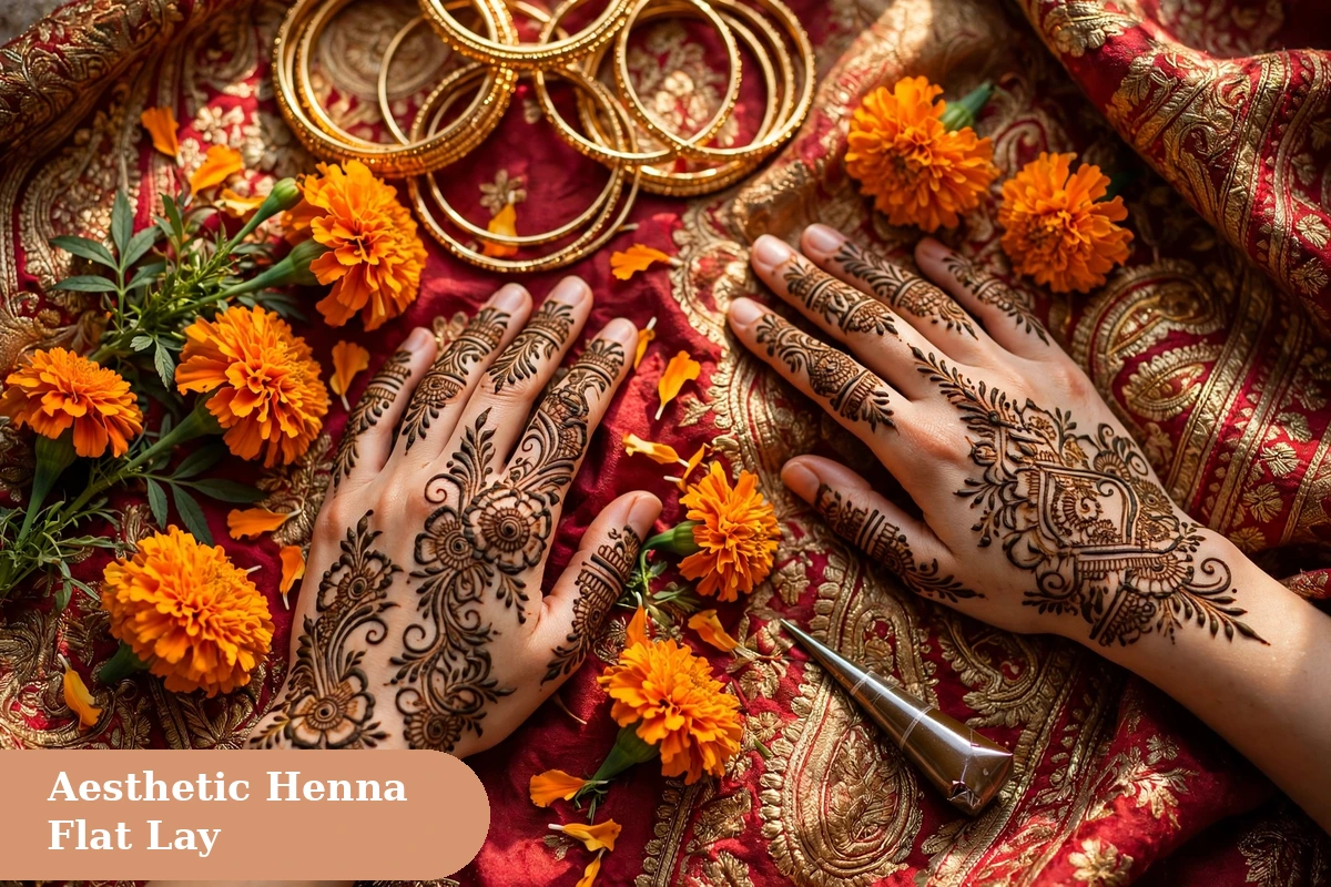 Mehndi captions for instagram with aesthetic henna flat lay with marigold flowers