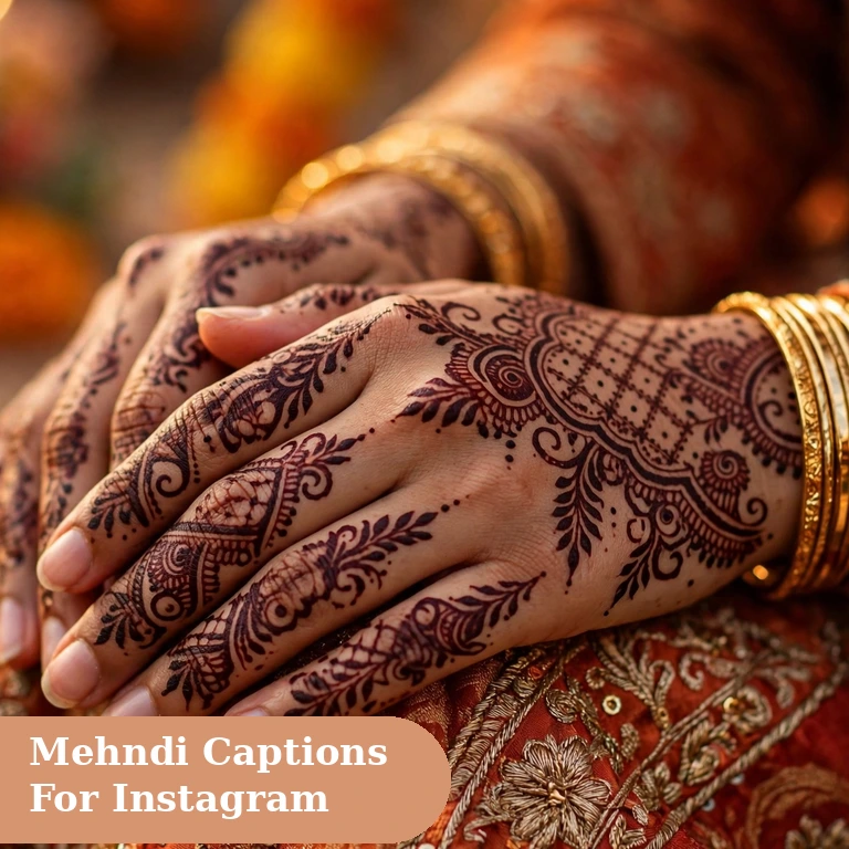 Mehndi captions for instagram featured image with henna decorated hands and festive bangles