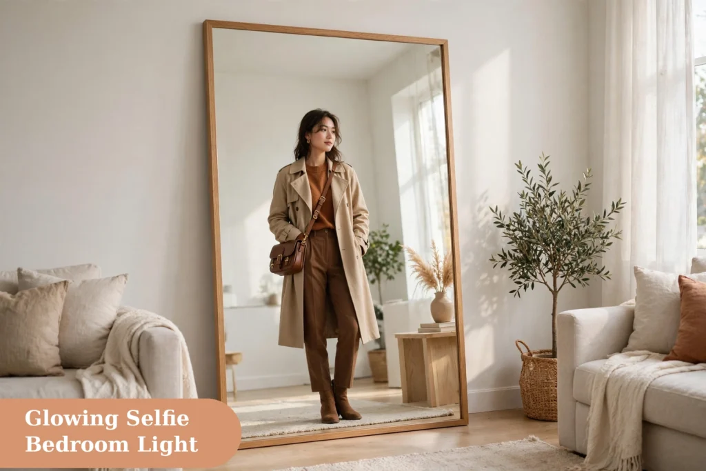 Mirror captions for instagram with a chic full length mirror reflection in a bright room