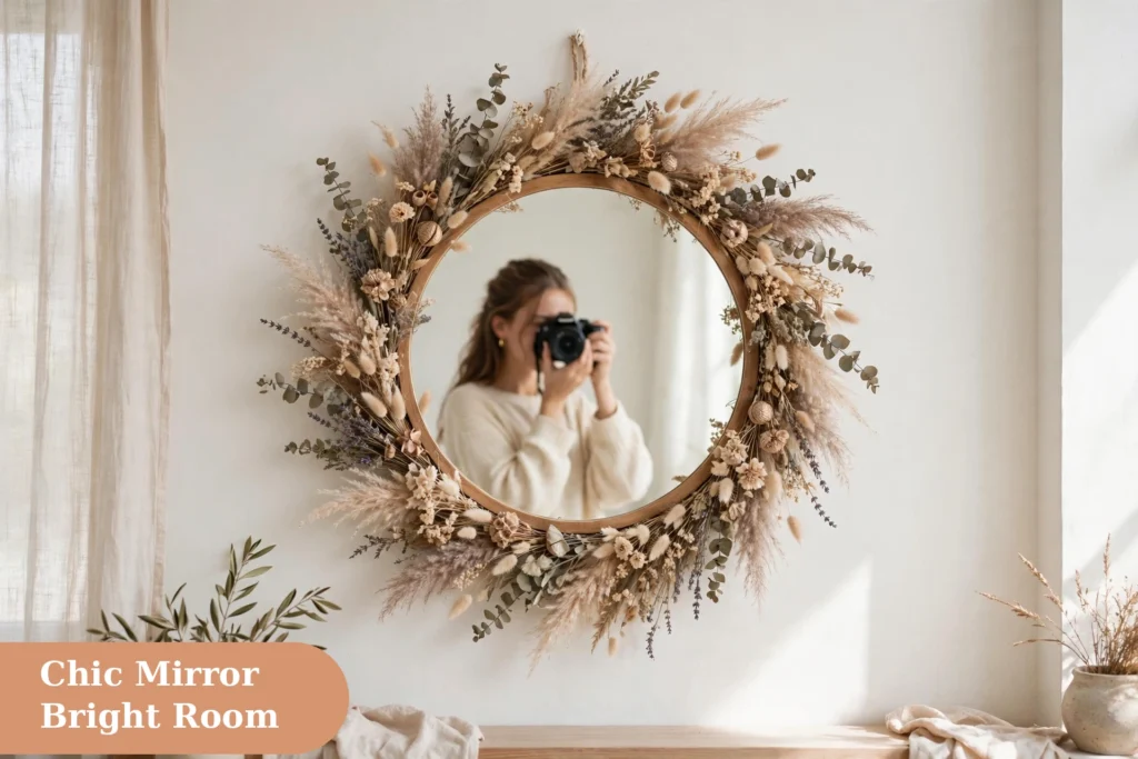 Mirror captions for instagram with a close up mirror selfie showing bold makeup and jewelry