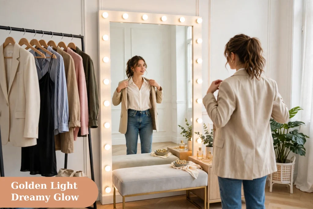 Mirror captions for instagram with a dreamy mirror reflection under warm golden light