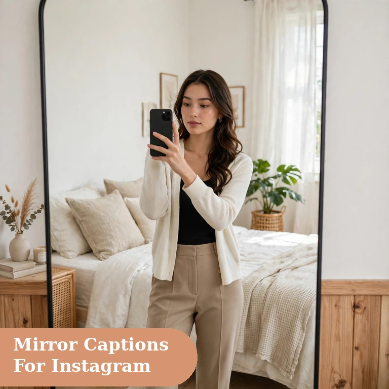 Mirror captions for instagram featured image with a glowing mirror selfie in soft bedroom light