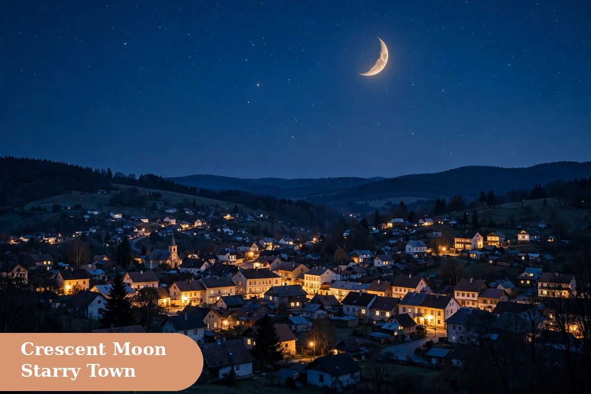 Moon captions for instagram with crescent moon and stars over a sleepy small town