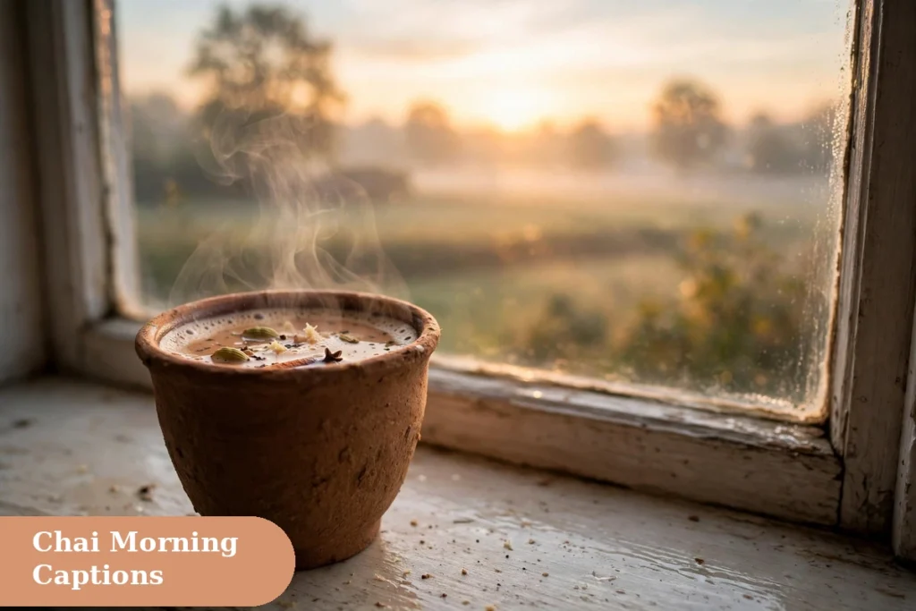 Good morning captions for instagram closeup of a steaming kulhad chai at dawn