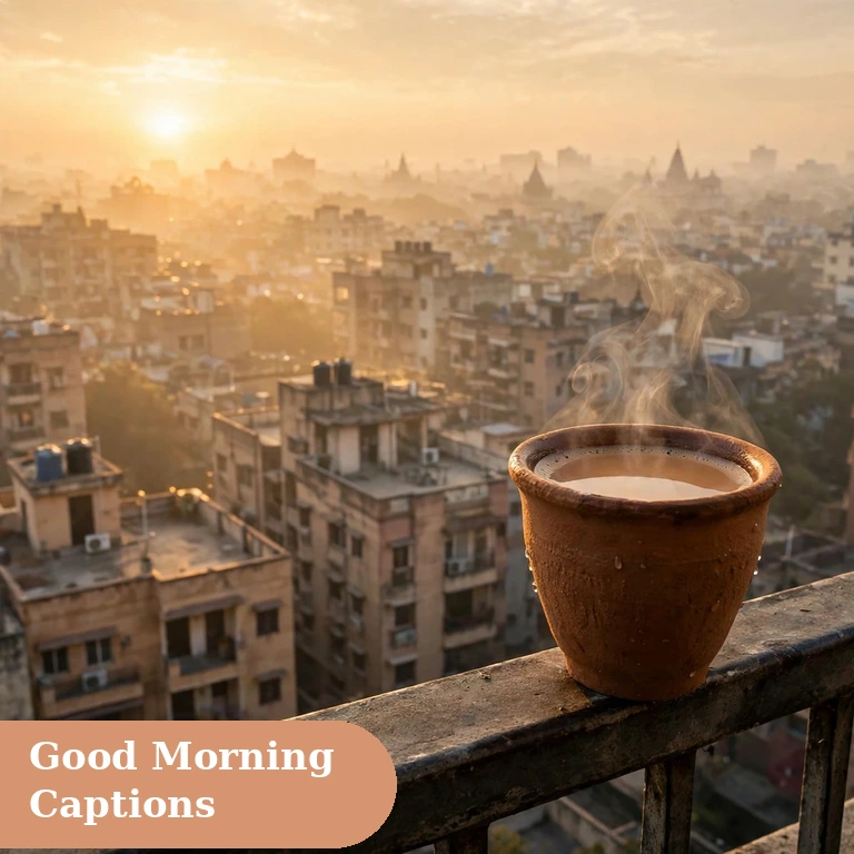 Good morning captions for instagram featured image of a steaming kulhad chai at golden sunrise on a balcony