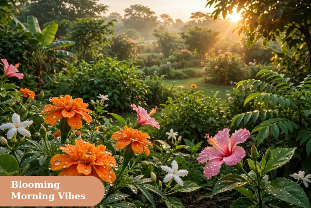 Good morning captions for instagram dewy garden flowers with morning sun flare