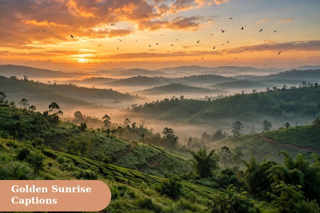 Good morning captions for instagram sunrise over misty green hills