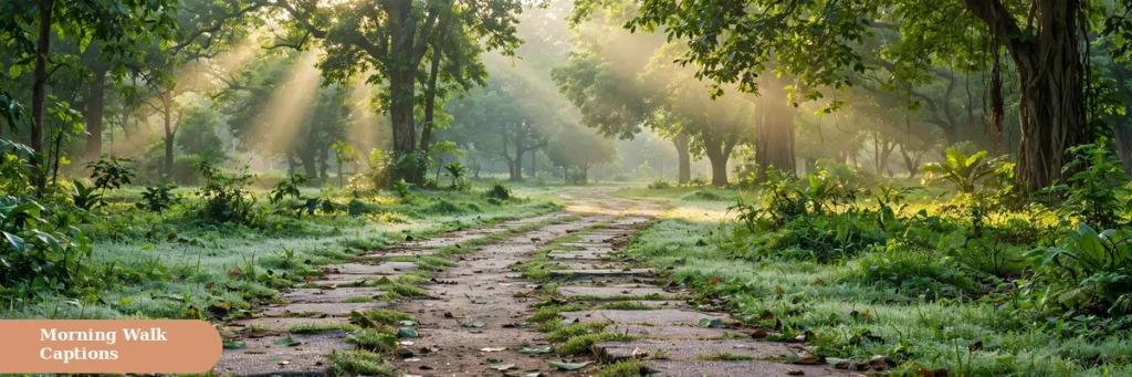 Good morning captions for instagram morning walk in a lush park with sunlight through trees