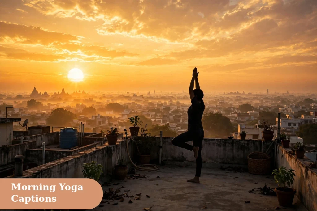 Good morning captions for instagram person doing yoga at sunrise on a terrace