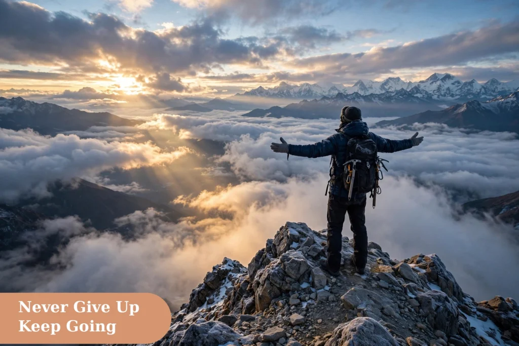 motivational captions for instagram with a person standing on a Himalayan peak at dawn with arms spread over dramatic clouds