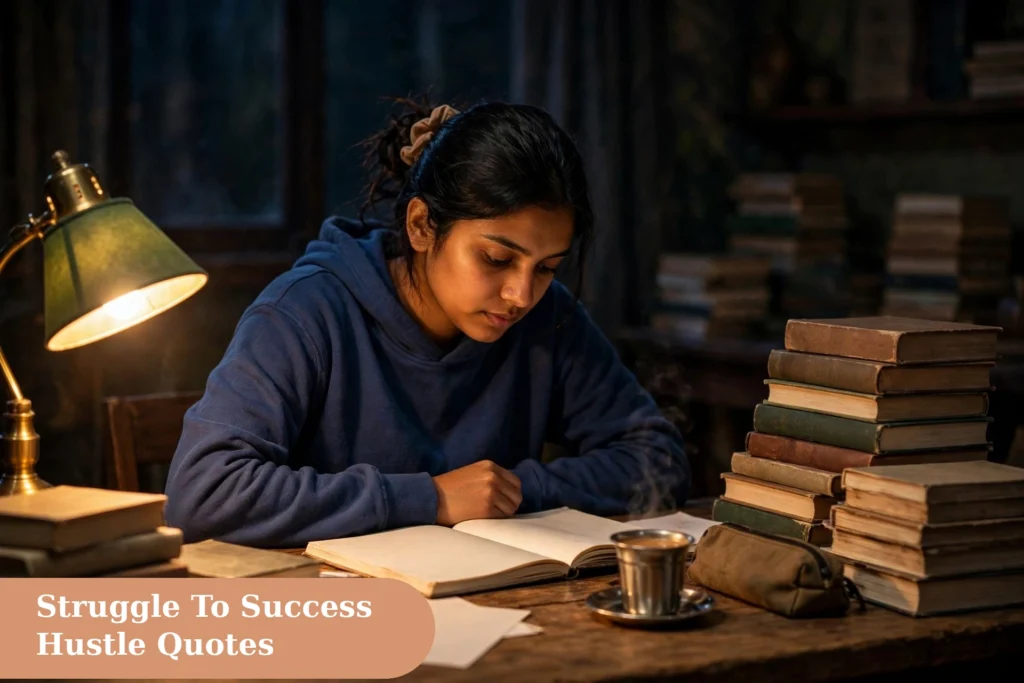 motivational captions for instagram with an Indian student studying late night at a wooden desk with books and a warm lamp