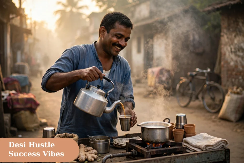 motivational captions for instagram with a smiling Indian chai tapri vendor pouring chai at sunrise in golden light