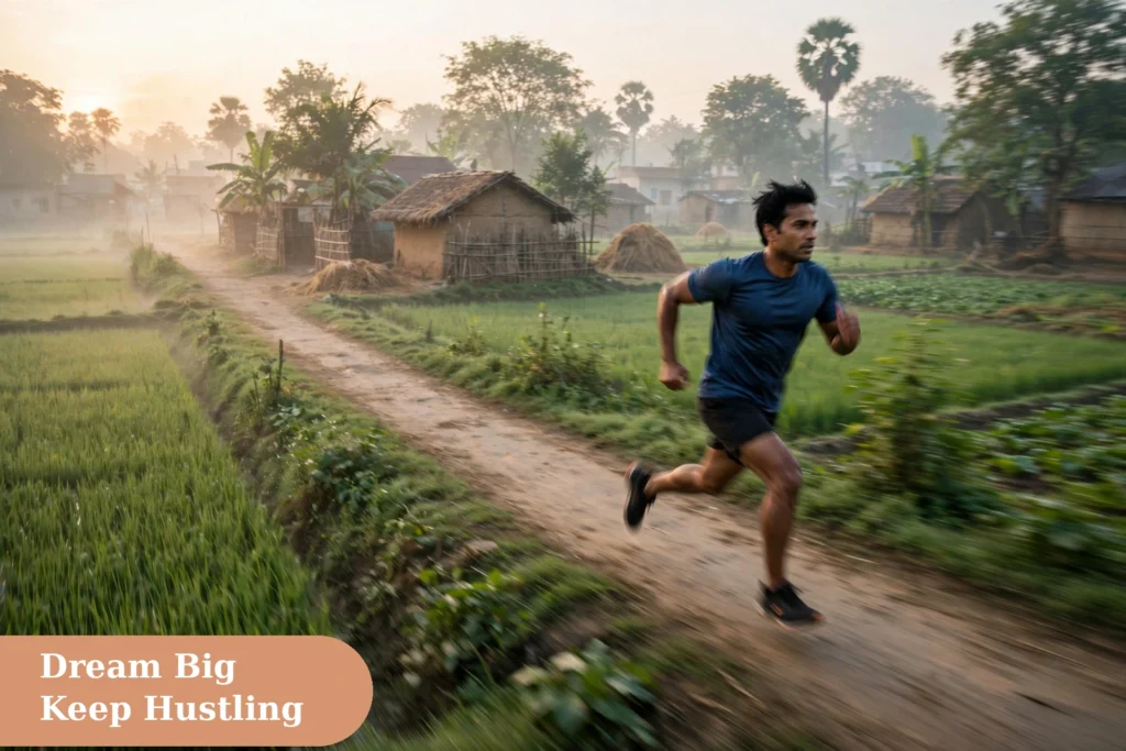 motivational captions for instagram with a runner sprinting on an Indian village road at dawn full of energy