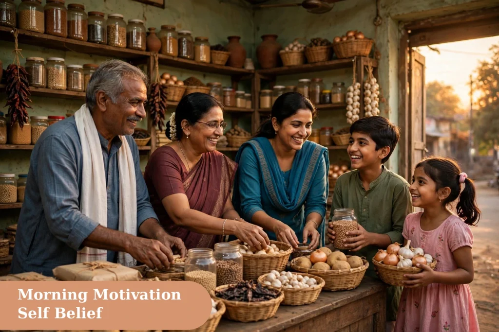 motivational captions for instagram with an Indian family running a small local shop in warm evening light