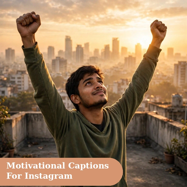 motivational captions for instagram featured image with a young Indian man raising his arms at sunrise on a rooftop over a city skyline