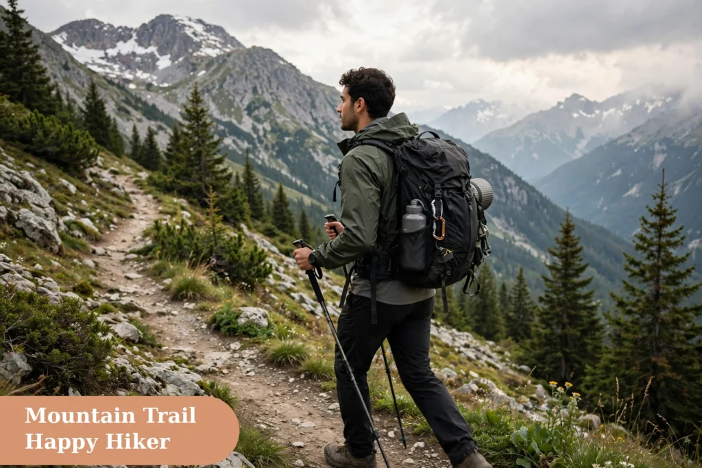 Mountains captions for instagram with a hiker on a scenic mountain trail