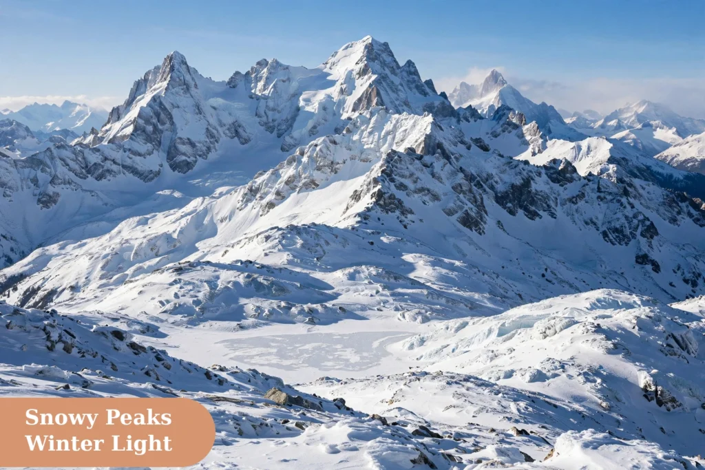 Mountains captions for instagram with snow capped peaks in bright winter light