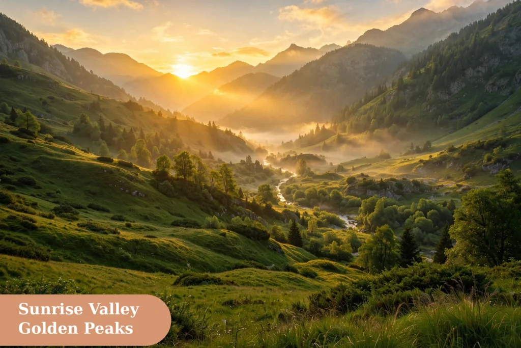 Mountains captions for instagram with sunrise glowing over a mountain valley