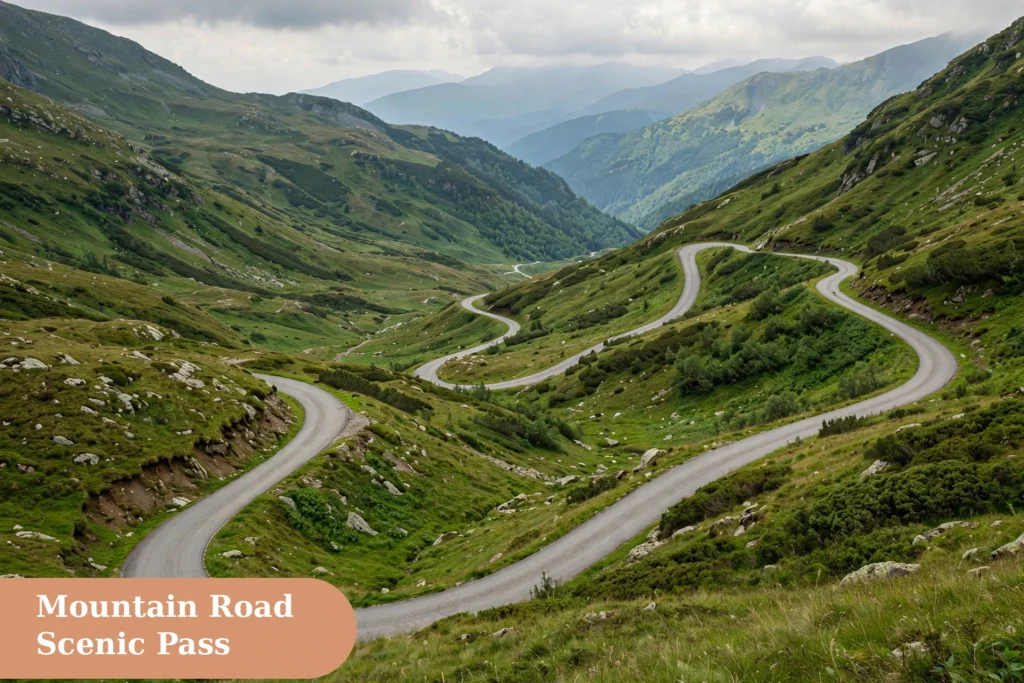 Mountains captions for instagram with a winding road through green mountain passes