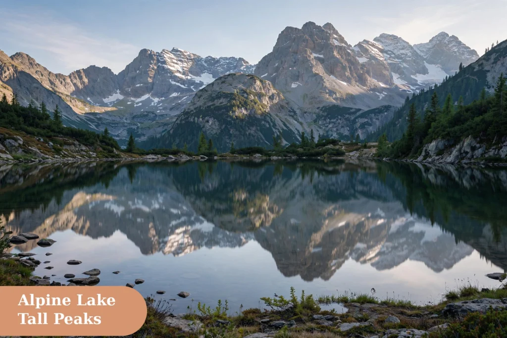 Mountains captions for instagram with a calm alpine lake reflecting tall peaks